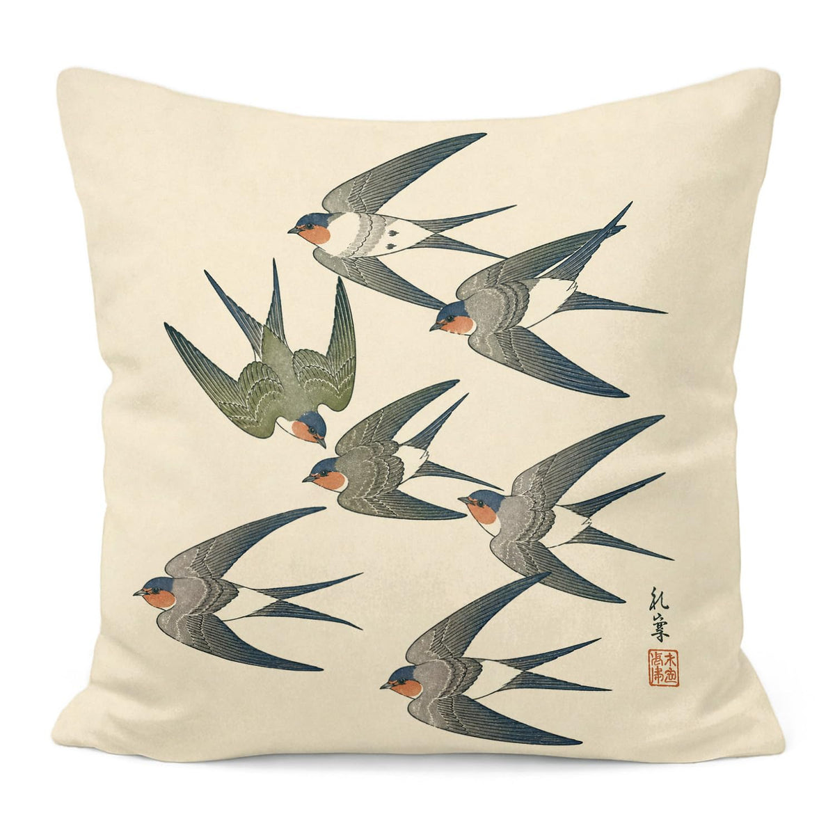 Vintage Japanese Swallow Bird Pillow Cover 18x18 (White-bird 7)