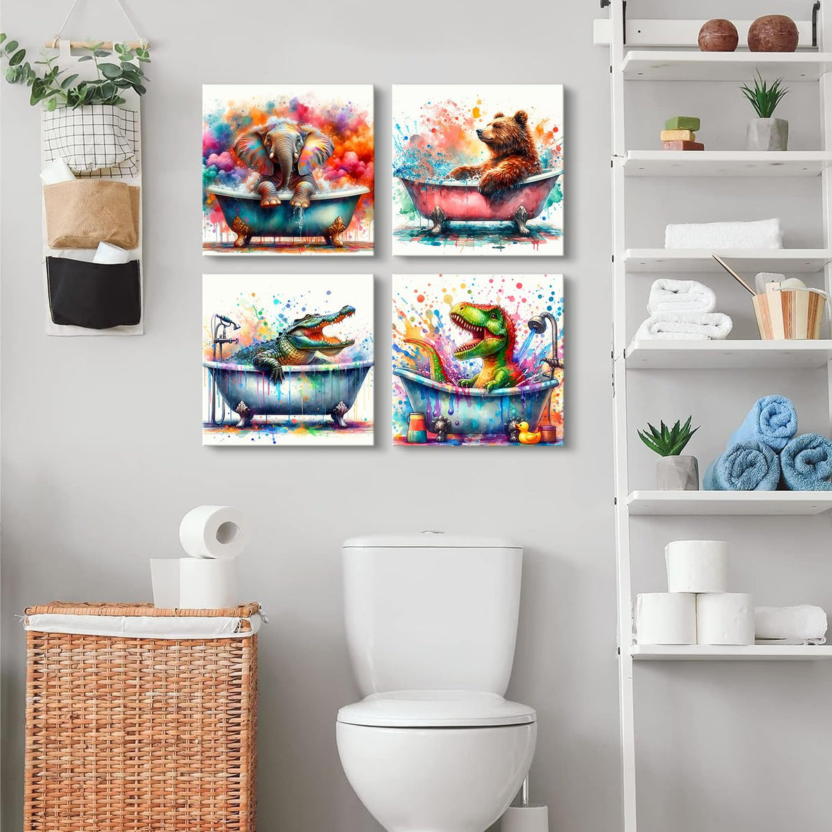 Graffiti Animals Wall Art Kids Bathroom Wall Decor Funny Dinosaur Bear Elephant Bathing Pictures Canvas Prints Nursery Toddler Poster Watercolor Crocodile Painting Artwork Bedroom Decoration 12x12" 4P (12"L x 12"W / Wildlife)