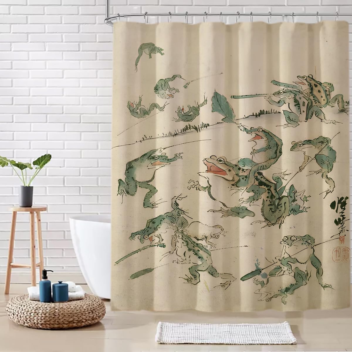 Funny Frog Shower Curtain Japanese Retro Bathroom Decor Waterproof Polyester Fabric 72x72 Inches Battle of The Frogs Art (Battle Frog / 72"W x 72"L (Pack of 1))