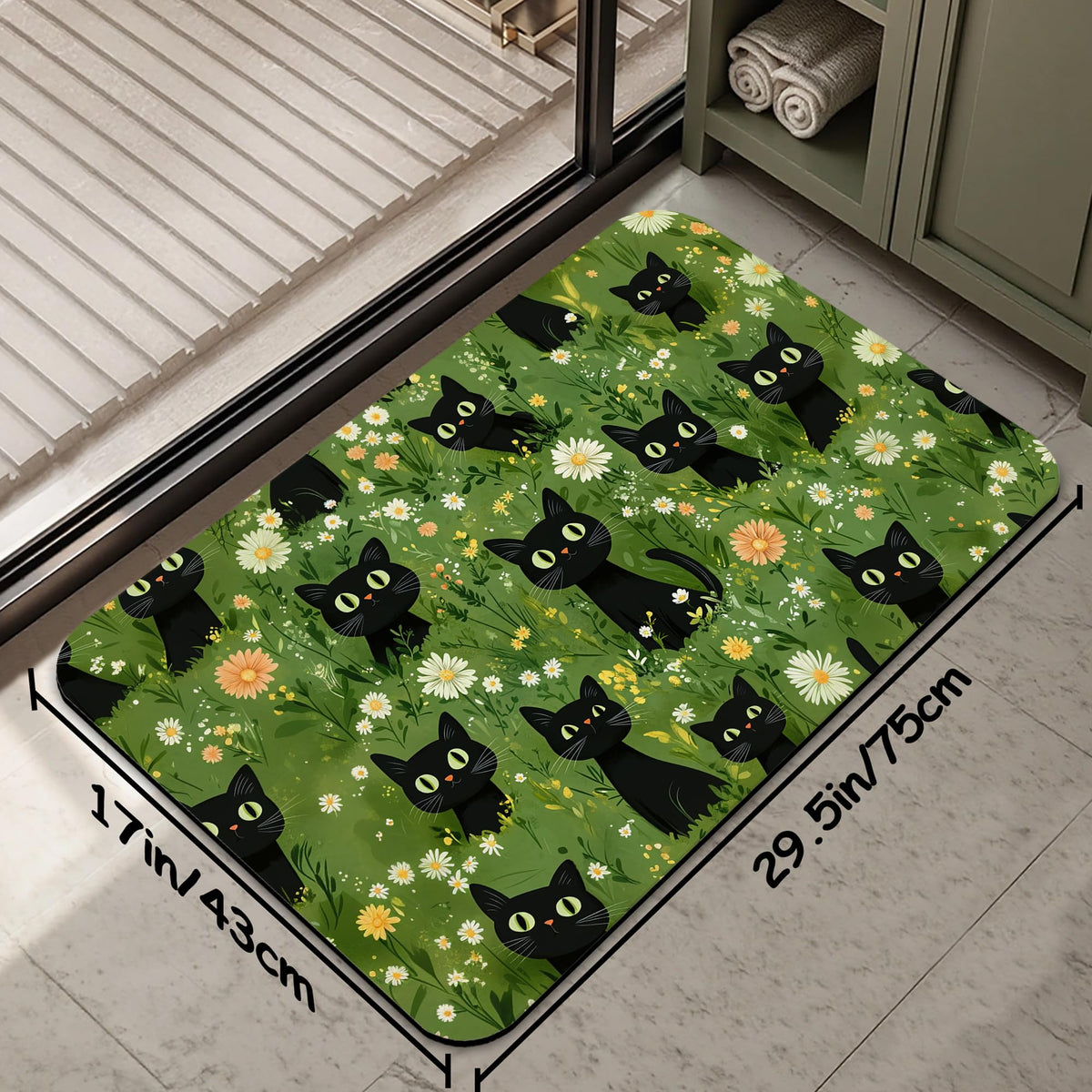 Cute Black Cat Bathroom Rug 29.5"x17" (Cute Black Cat,flowers)