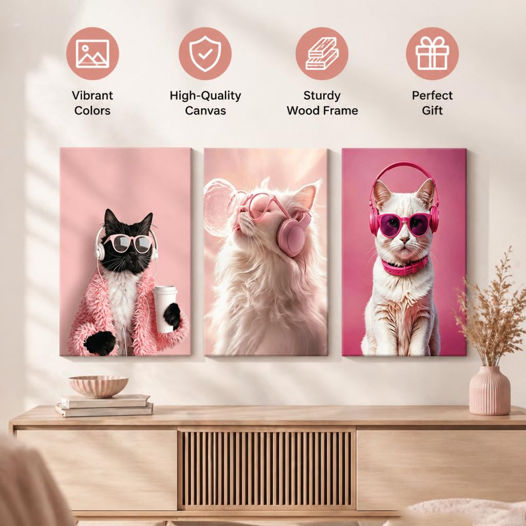 3 Pcs Funny Cat Wrapped Canvas Cat Headphones Wall Art Funny Black Cat Canvas Prints Pictures Cute Animal Poster Prints for Girls Room Dorm Apartment Home Home Decoration 16x24 in Ready to Hang (Wrapped Canvas / 16x24in)