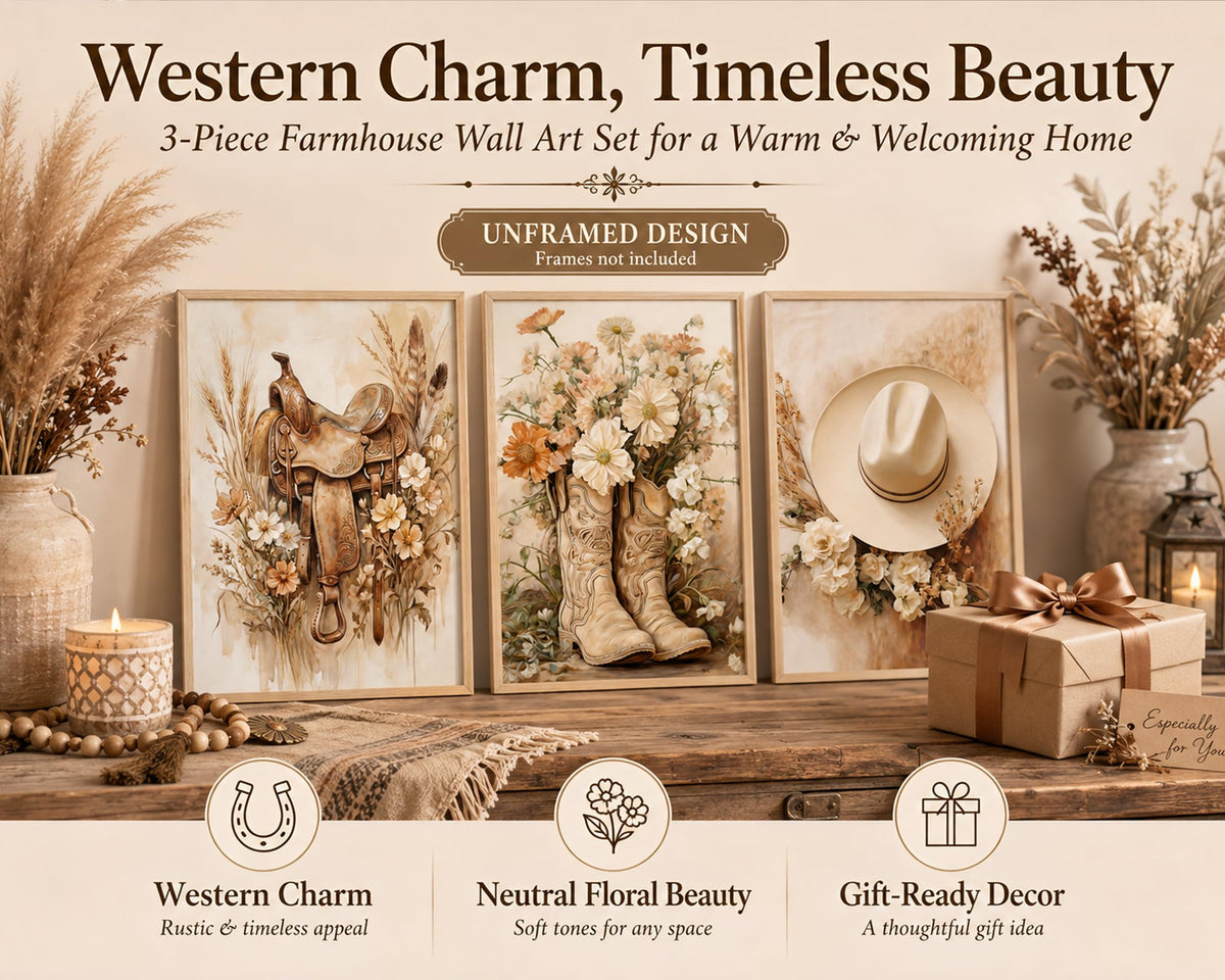 3PCS Trendy Preppy Western Cowgirl Aesthetic Canvas Wall Art Unframed (Cowgirl / 16"L x 12"W-Unframed)