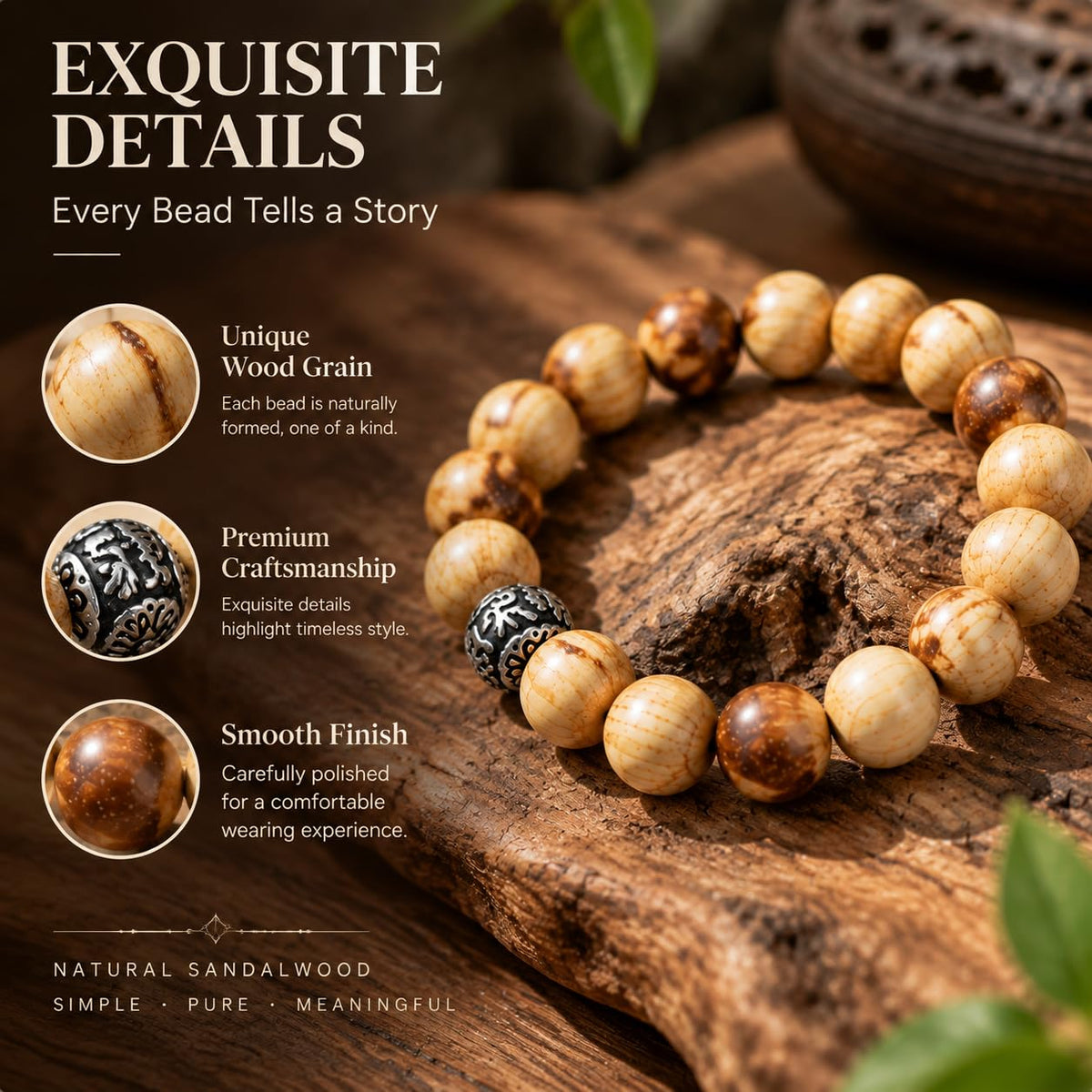 12MM Palo Santo Bracelet with Sterling Silver for Women Men (12MM Palo Santo Bracelet)