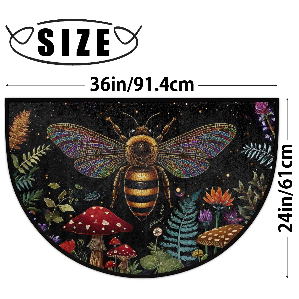 Boho Bee Mushroom Flower Ferns Half Round Door Mat Indoor Entrance Low Pile Non Slip Absorbent Semi Circle Welcome Mats Doormats 36x24 in Floor Mats for Home Kitchen (Boho Bee Mushroom Flower Ferns)