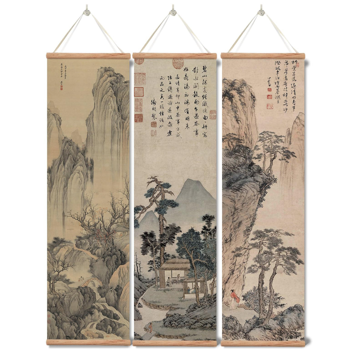 Chinese Ancient Landscape Scroll Wall Art Poster (landscape-Oak / 16"x55"x3 Piece)
