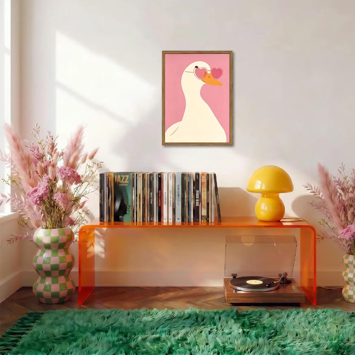 Cute Goose Wall Art Pink Heart Sunglasses Duck Wall Decor Picture Preppy Coquette Animal Canvas Painting Print for Living Dorm Room Bedroom Bathroom 24x16 inch Wood Framed (Animal-I / 24"L x 16"W)