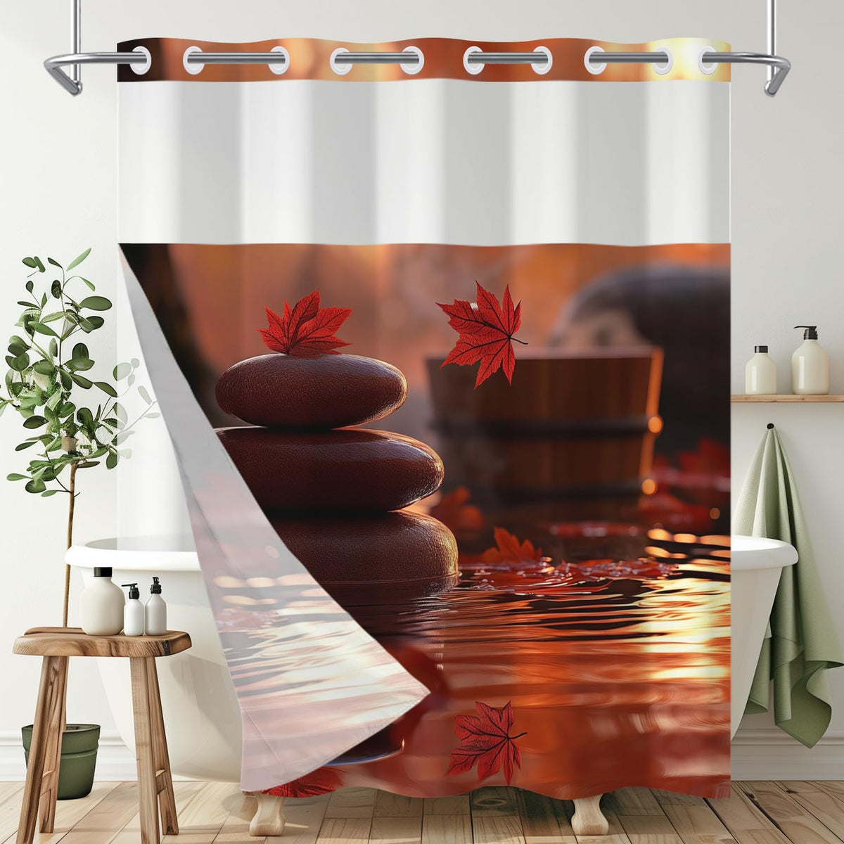 No Hook Fall Shower Curtain with Snap in Liner 71x74 Inch (Maple Red)
