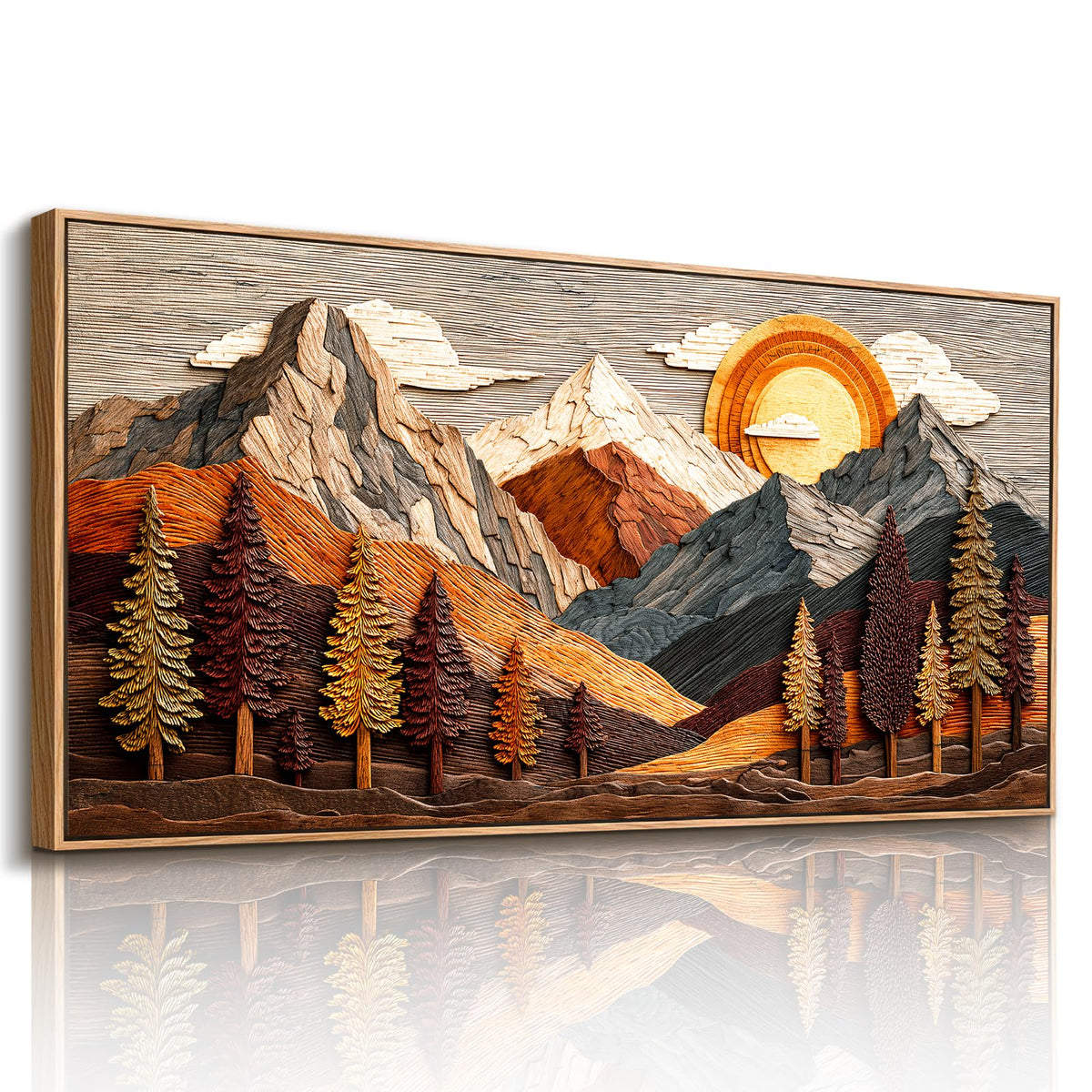 Boho Mountain Framed Wall Art Abstract Landscape Decor Extra Large (Wooden Mountain Print / 57"L x 29"W)