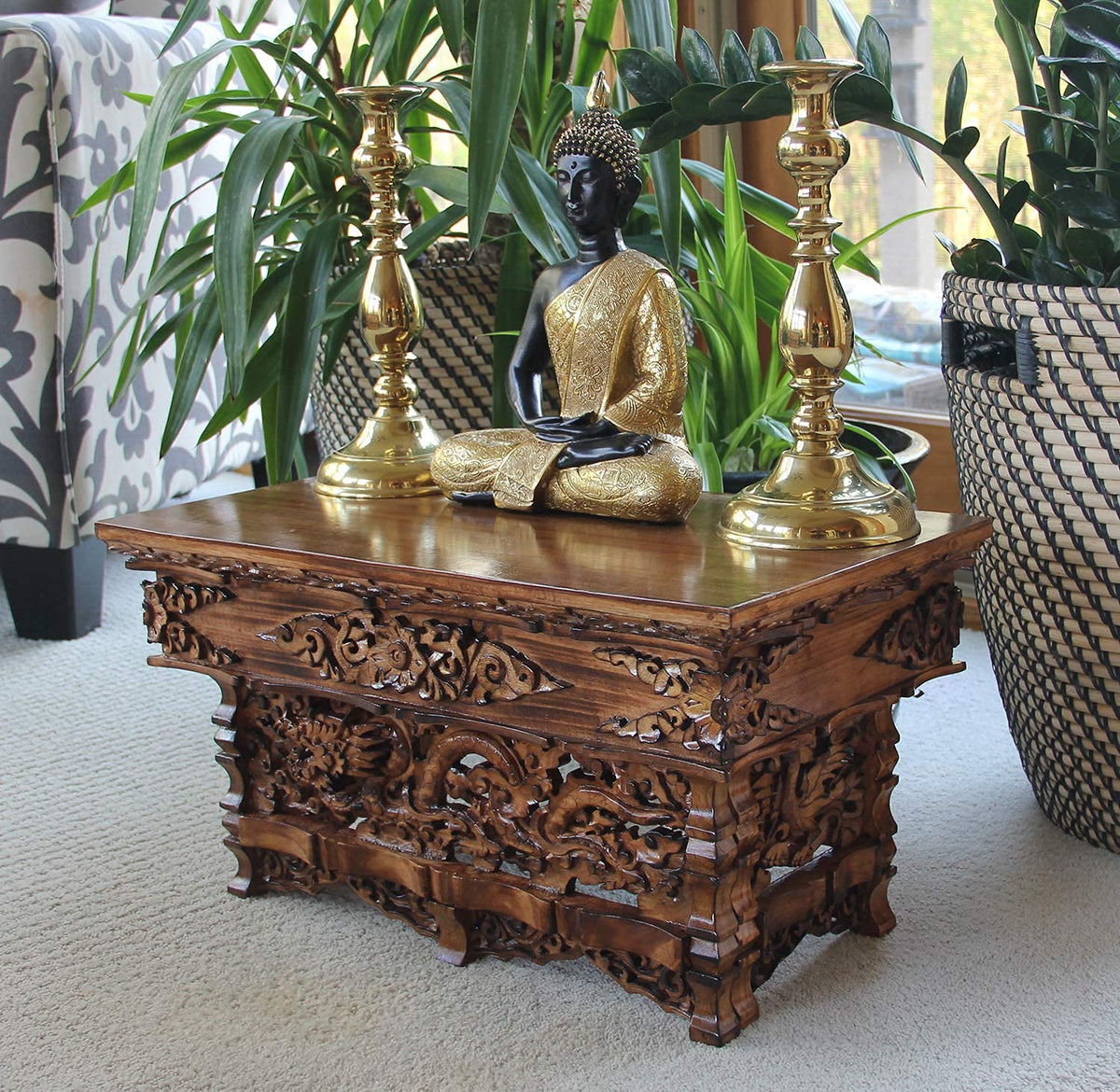 Solid Wood Hand Carved Shrine Altar Meditation Table (Medium / Dark)