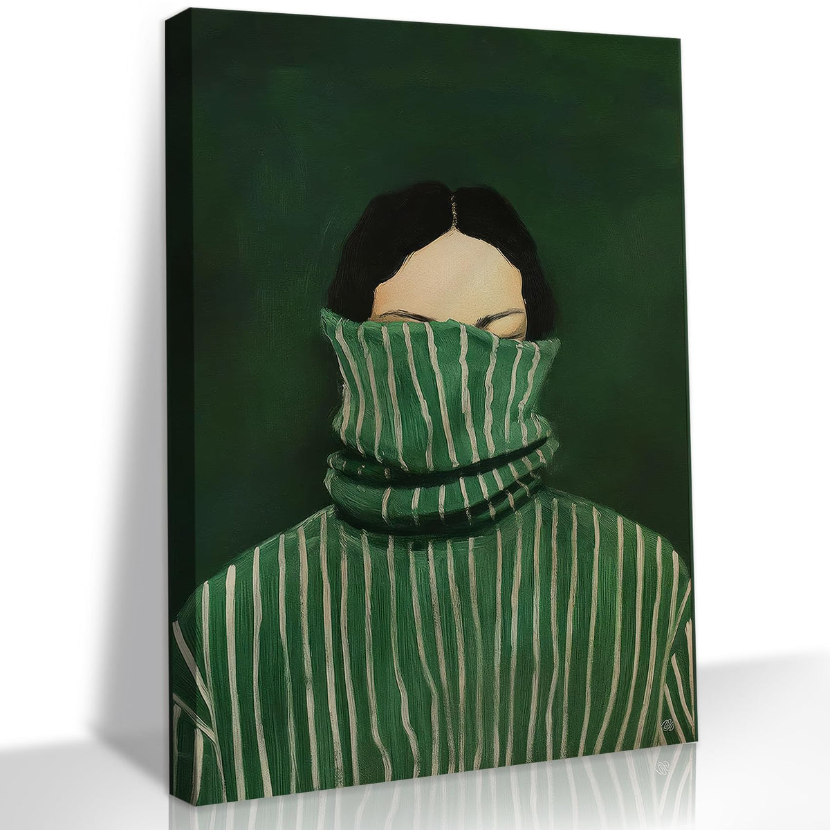 Funky Emerald Green Abstract People Wall Art Vintage Eclectic Woman Portrait Canvas Wall Decor Retro Minimal Japandi Stripe Painting Mysterious Abstract Female Picture Print (Green Abstract Woman / 24"L x 16"W)