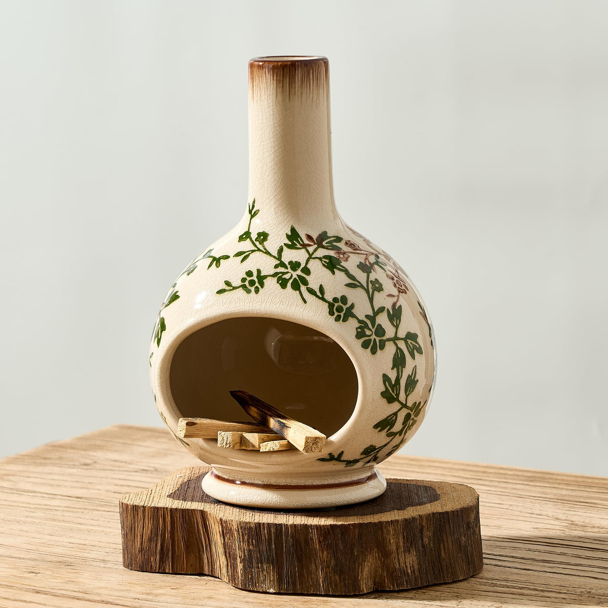 Handmade Ceramic Incense Holder (Green and Beige / 7.5 inches Tall)