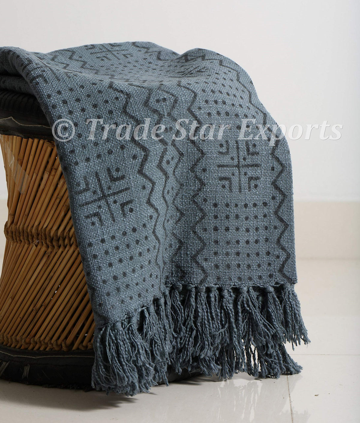 100% Cotton Soft Tassel Blanket Handloomed Housewarming Gifts Block Print Throw for Living Room Wrap for Picnic Hand Dyed Bed Blanket (Grey Black / Alma (120 x 170 Cms))