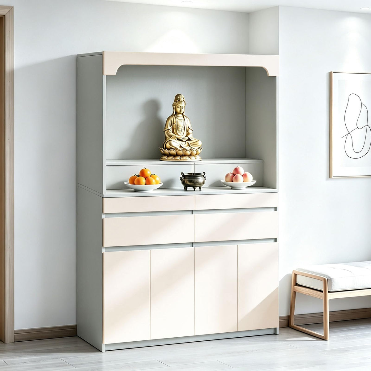 Altar Table Pooja Cabinet with Drawers and Storage Cabinets (47.2×15.7×65.4in / Beige+light Gray)