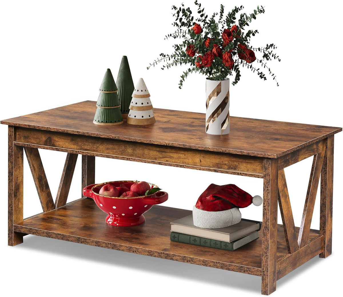 Coffee Table 43.3 Inch Farmhouse Table with Storage (Rustic Brown)