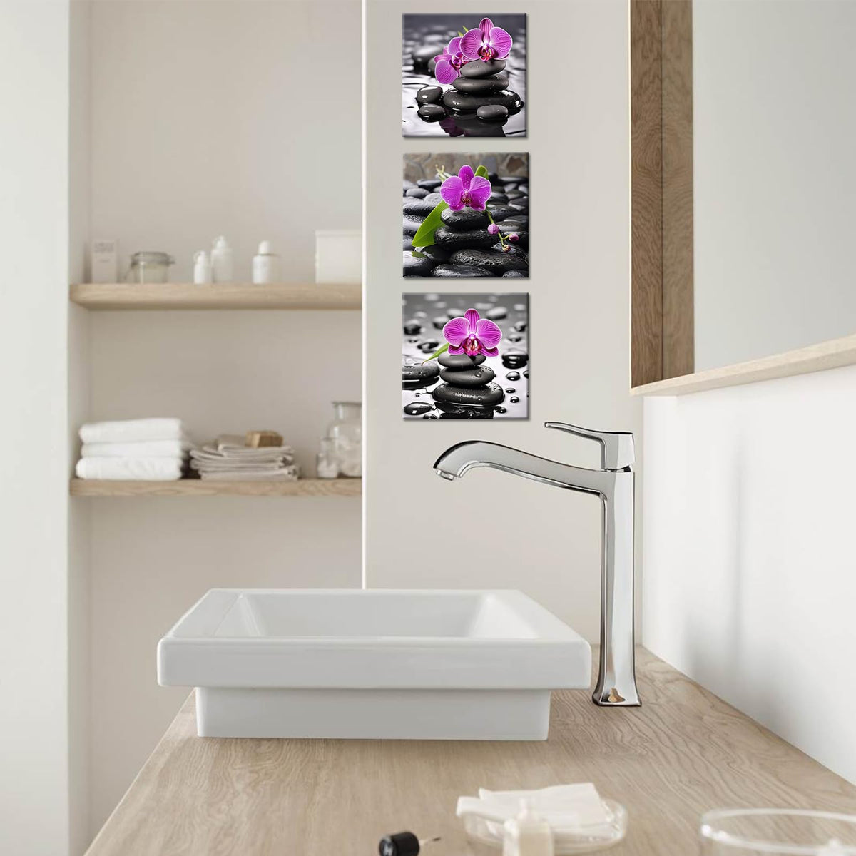 3 Panels Spa Canvas Wall Art Zen Wall Decor for Bathroom Orchid Flower with Spa Stone Pictures Still Life Print Painting for Home Bedroom Decor Stretched and Framed (Zen 02 / 8"L x 8"W)