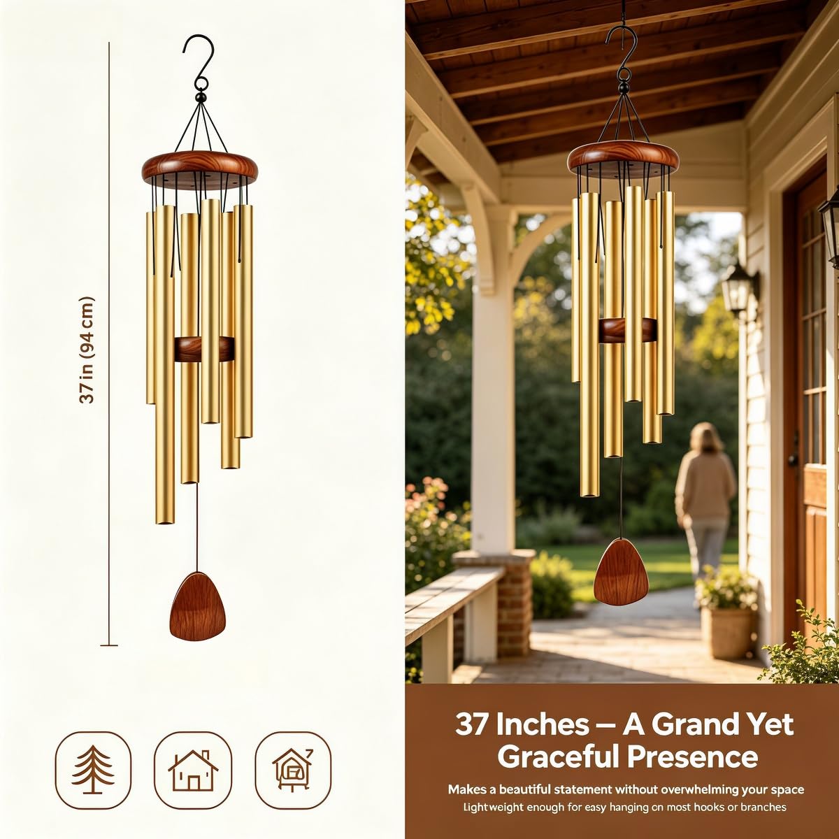 Large Metal Wind Chimes for Outside Zen Garden House Decor Deep Tone (Gold / 37IN)