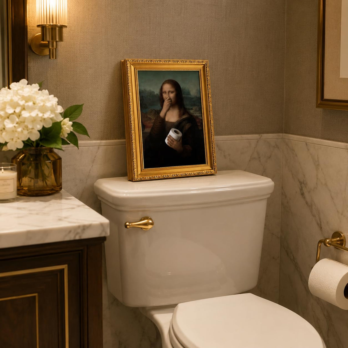 Gold Framed Bathroom Wall Art Mona Lisa Humor Amusing Toilet Art Pinching Nose Wall Decor Funny Vintage Painting Picture Print Whimsical Restroom 9x11 inch Small Framed (Mona Lisa / 11L" x 9W")