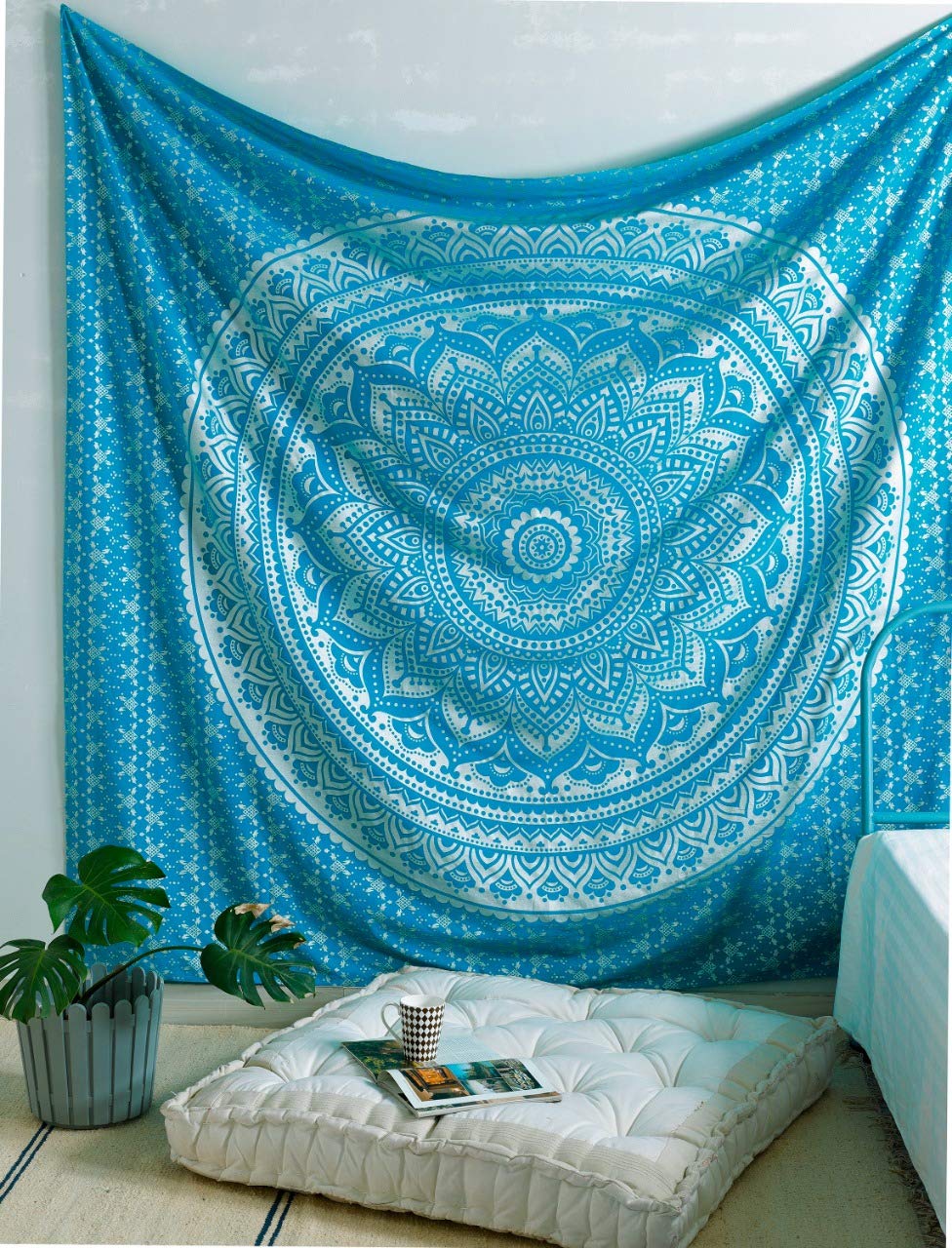Kp996 original Silver Ombre Tapestry Indian Mandala Wall Art (215x230 cms / 84"x90" / Tarquoise Silver)