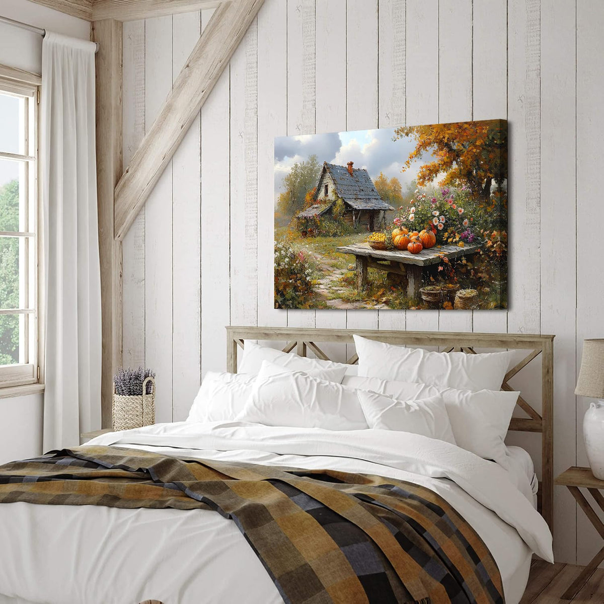 Farmhouse Country Autumn Landscape Wall Art Fall Pumpkin Picture Canvas Prints Colorful Wildflower Wall Decor (36"L x 24"W / Pumpkin5)