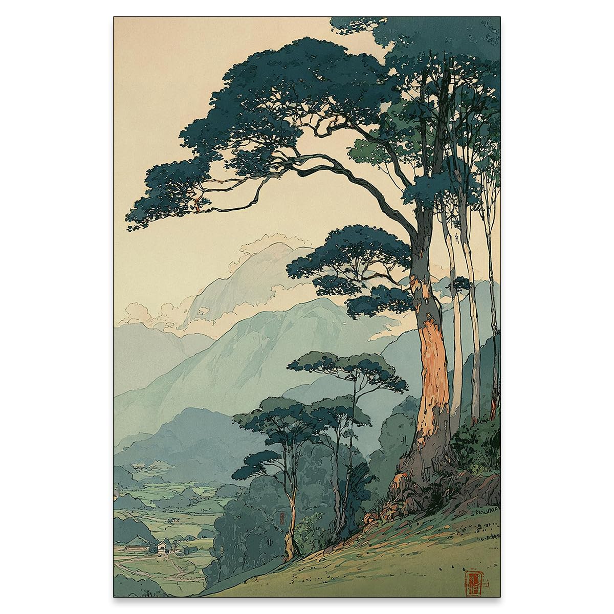 Japanese Forest Canvas Wall Art Asian Tranquil Mountain Landscape Posters Vintage Nature Tree Scene Prints Modern Ukiyo (Unframed / Japanese Prints / 24"L x 16"W)