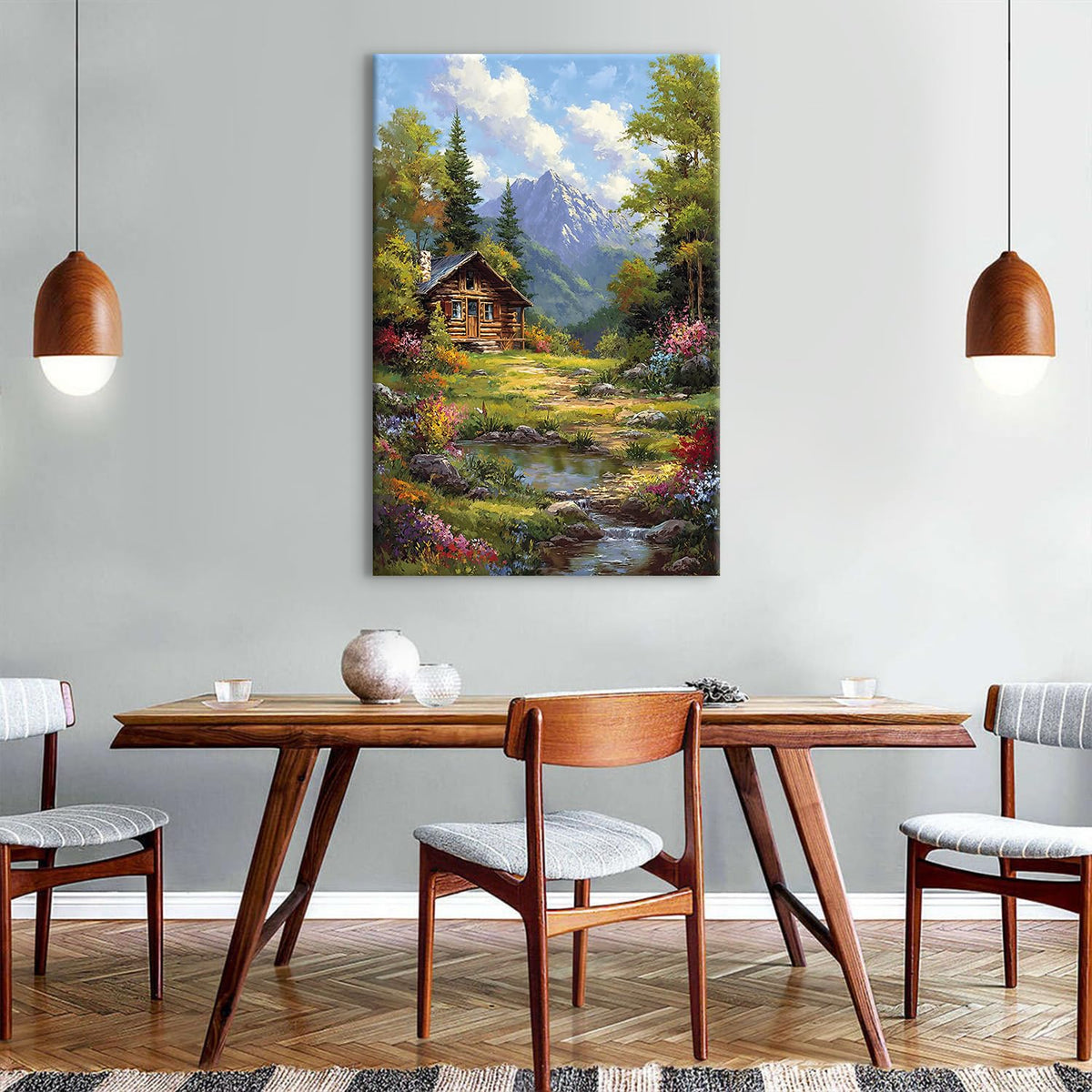 Vintage Famhouse Wall Art Rural Country Canvas Prints for Living Room Colorful Floral Painting Poster Rustic Cottage Pictures Forest Aesthetic Canvas Artwork for Dining Room Home Decorations 32x48" (48"L x 32"W / Wooden House)