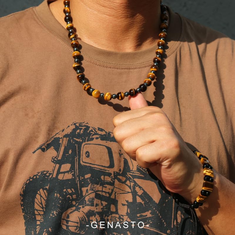 Healing Crystal Black Obsidian Tiger Eye and Hematite Beads Necklace Triple Protection Necklace for Men Women (Brown)