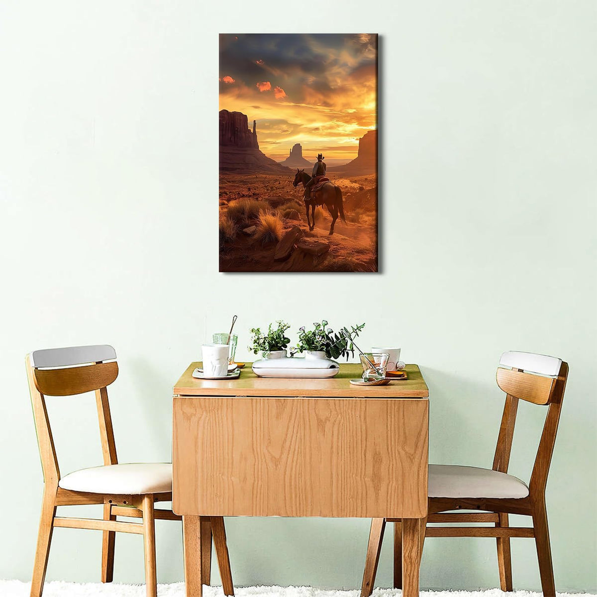 Cowboy Western Wall Art Desert Mountain Wall Decor Sunset Landscape Picture for Living Room Bedroom Rustic Cowboy on Horse Painting Canvas Prints Southwest Poster Artwork Home Decorations 16x24” (16"L x 24"W / ZRCB13)