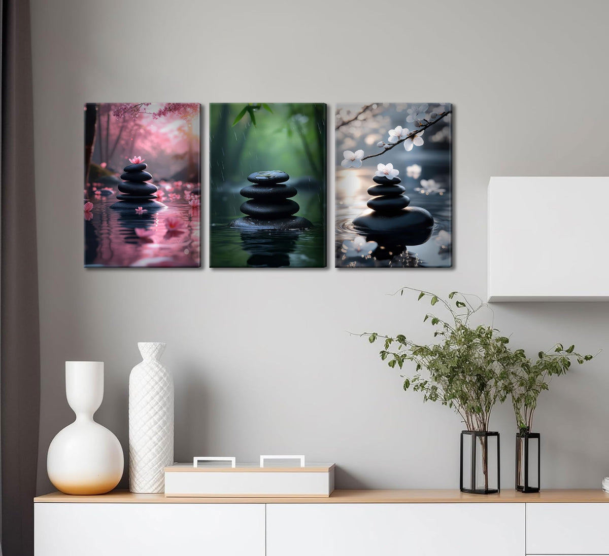 3pcs Zen Stone Wall Art Modern Zen Bathroom Wall Decor Meditation Spa Stone Poster Green Bamboo Lotus Printed Artwork for Yoga Meditation Spiritual Room Bathroom Framed (Zen Stone / 24"Lx16"W)