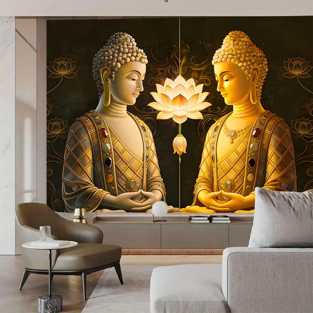 Vintage Sitting Buddha Tapestry Buddha's Light Wall Hanging Buddhist Statue Tapestries Lotus Meditation Wall Decor Psychedelic Indian Zen Art for Bedroom Living Room Home Decor (Golden / 79"L x 59"W)