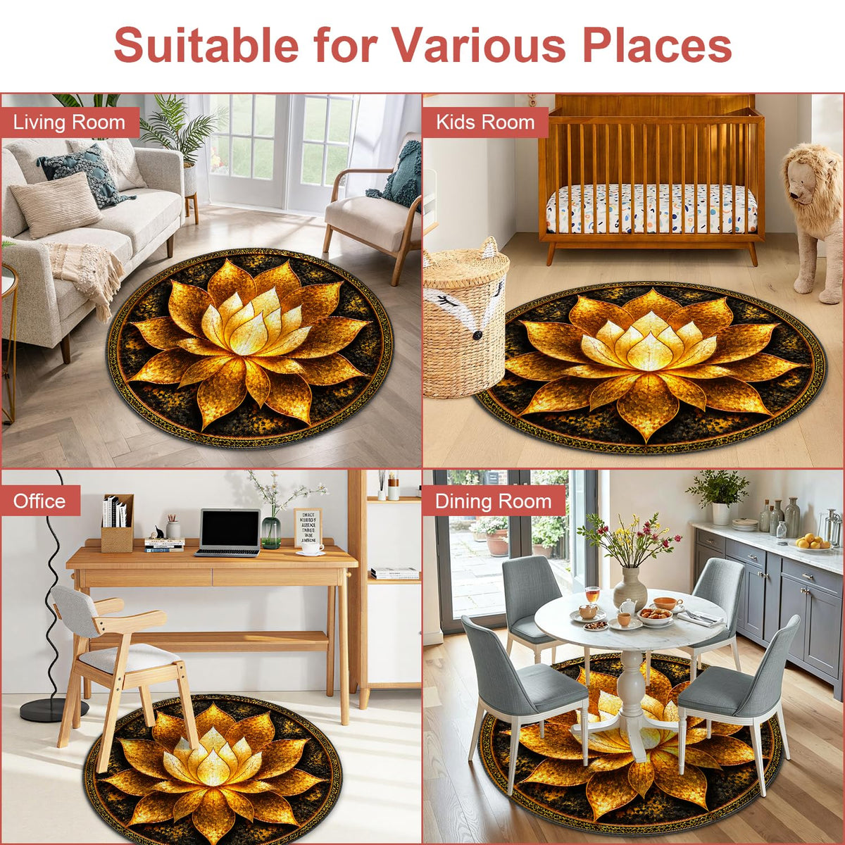 Luxury Golden Lotus Round Area Rug 4ft (85 / 4' (Round))