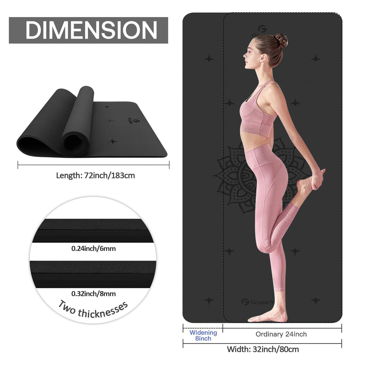 Yoga Mat Non Slip (Black / 0.32*32*72 Inches)