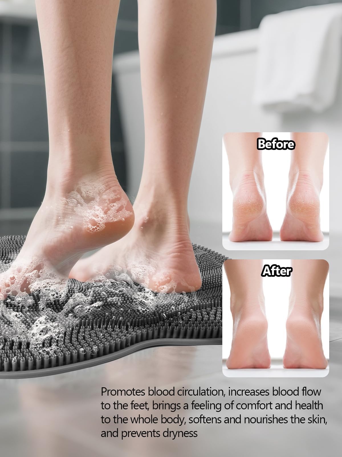 Silicone Shower Foot Scrubber Mat with Non Slip Suction Cups (Grey)