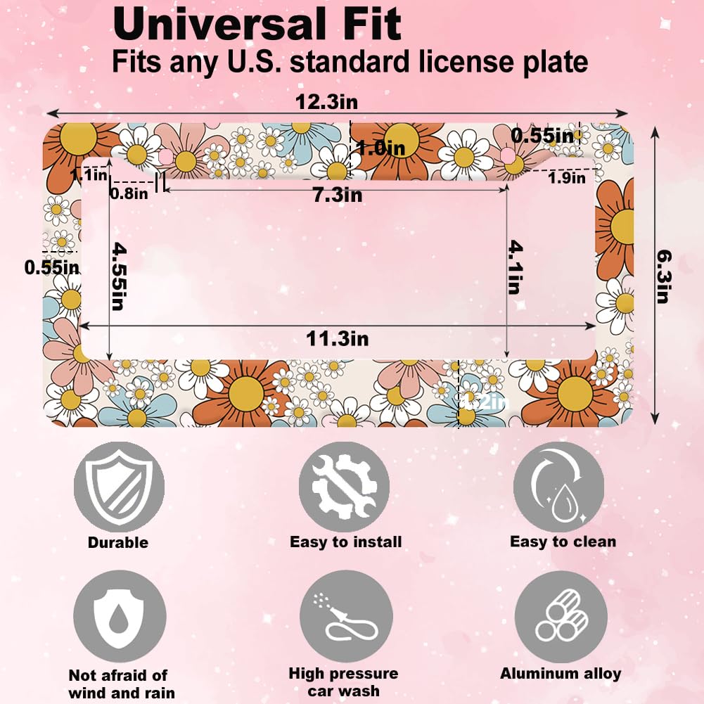 Dasiy Floral License Plate Frame for Women 2Pc Car Decorative Tag (for Floral-Daisy 7 color)