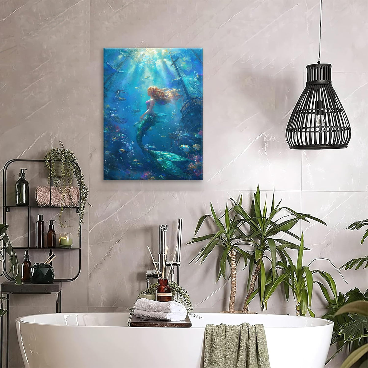 Mermaid Canvas Wall Art Ocean Picture Print Painting Framed ArtWork 16"x20" (Mermaid / 20"L x 16"W)