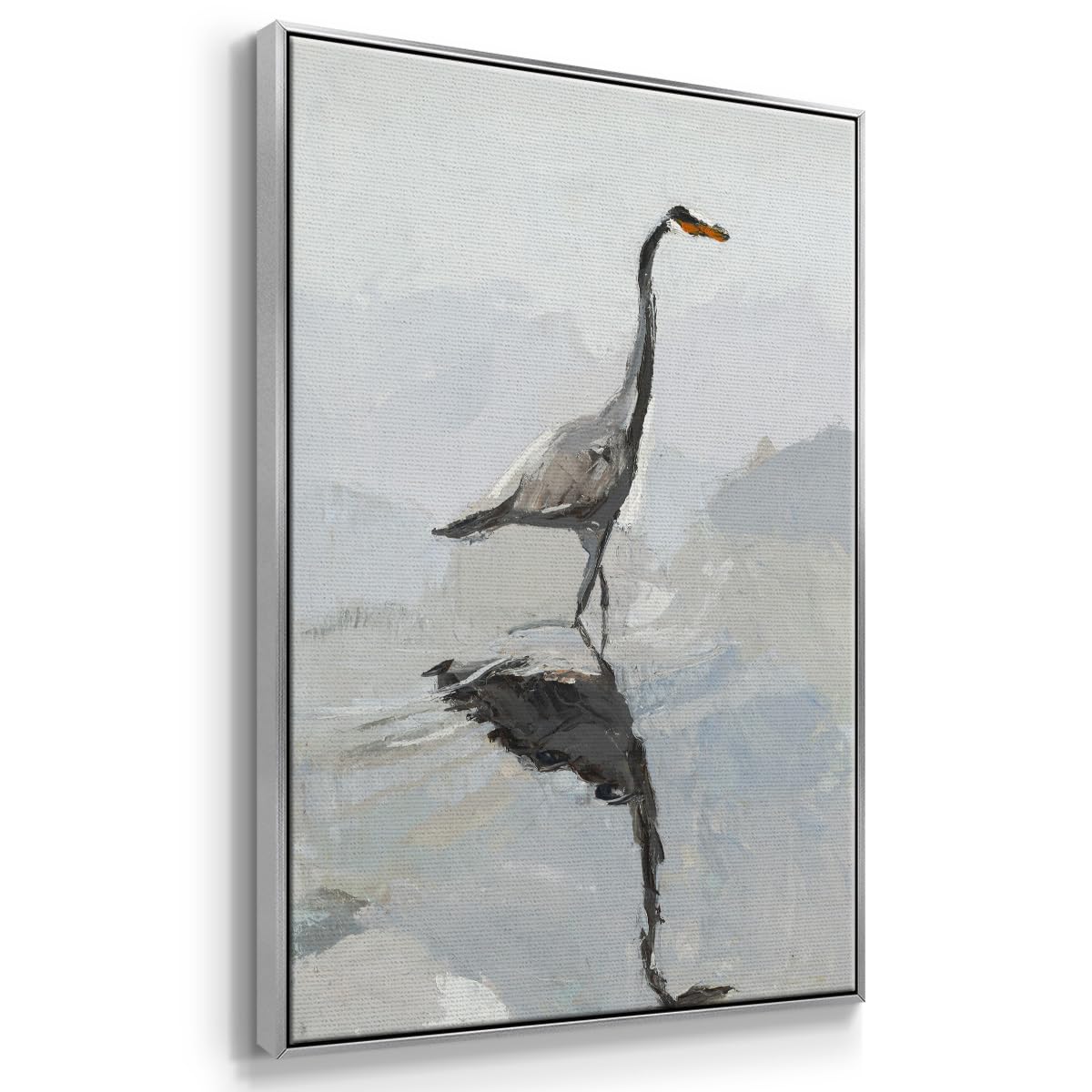 Abstract Nature Art Silver Floater Frame Home Prints Heron Bird in Water Canvas Wall Paintings for Bedroom Classroom Office (37"L x 25"W / Heron)