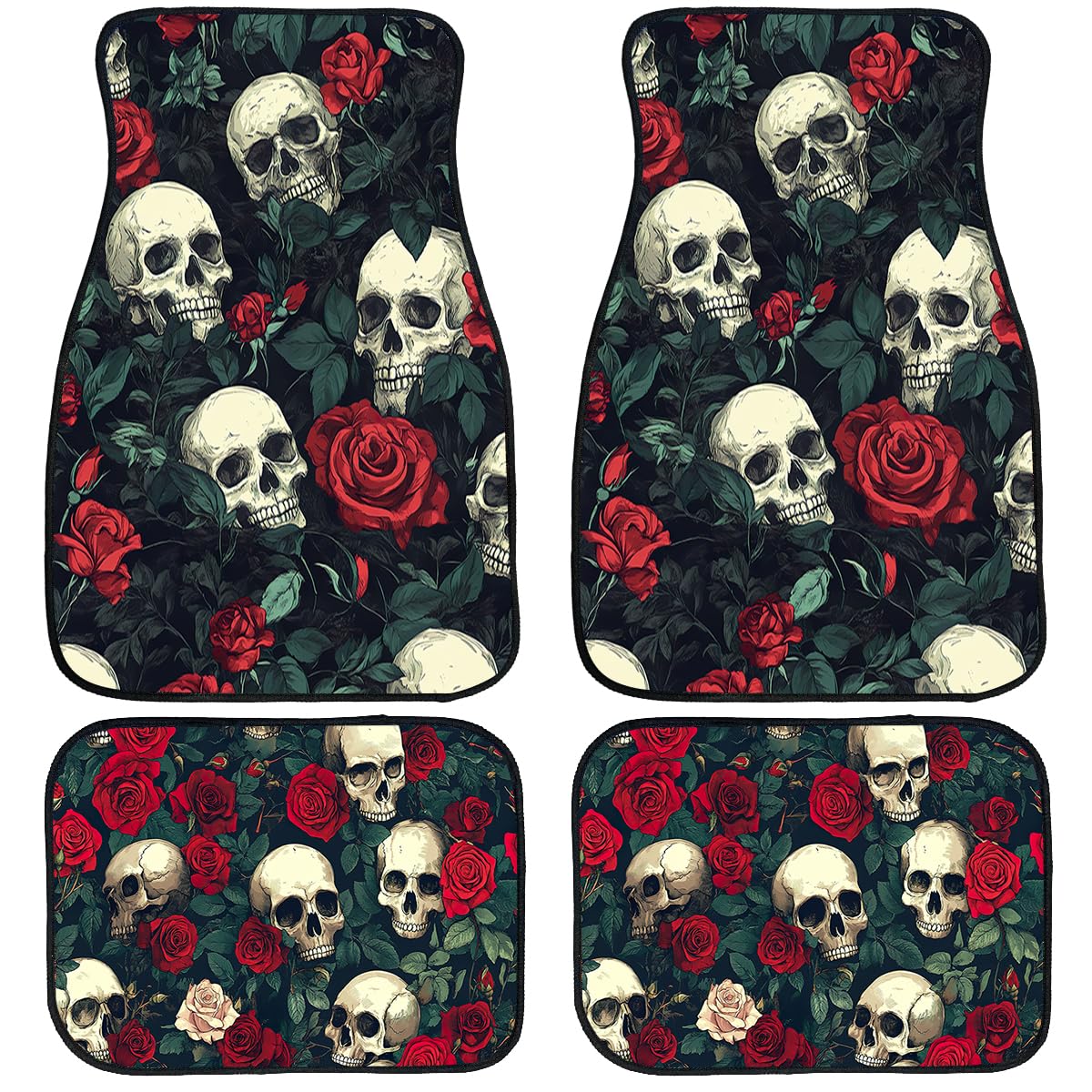 Skull Car Floor Mats Set of 4 Rose Vintage Gothic Art Red Black Green Automotive Car Floor Carpets Non (26.8"L x 17.3"W x 0.4"Th / Skull)