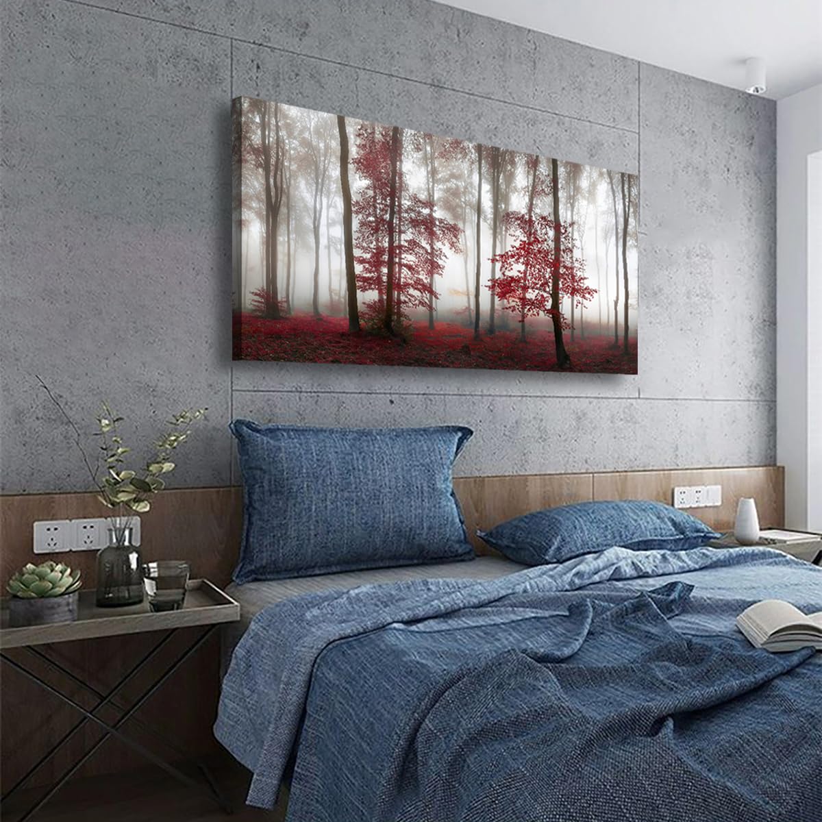 Misty Forest Pictures Canvas Wall Art for Living room Office Bedroom Wall Decor (40"L x 20"W / Misty Red Forest)