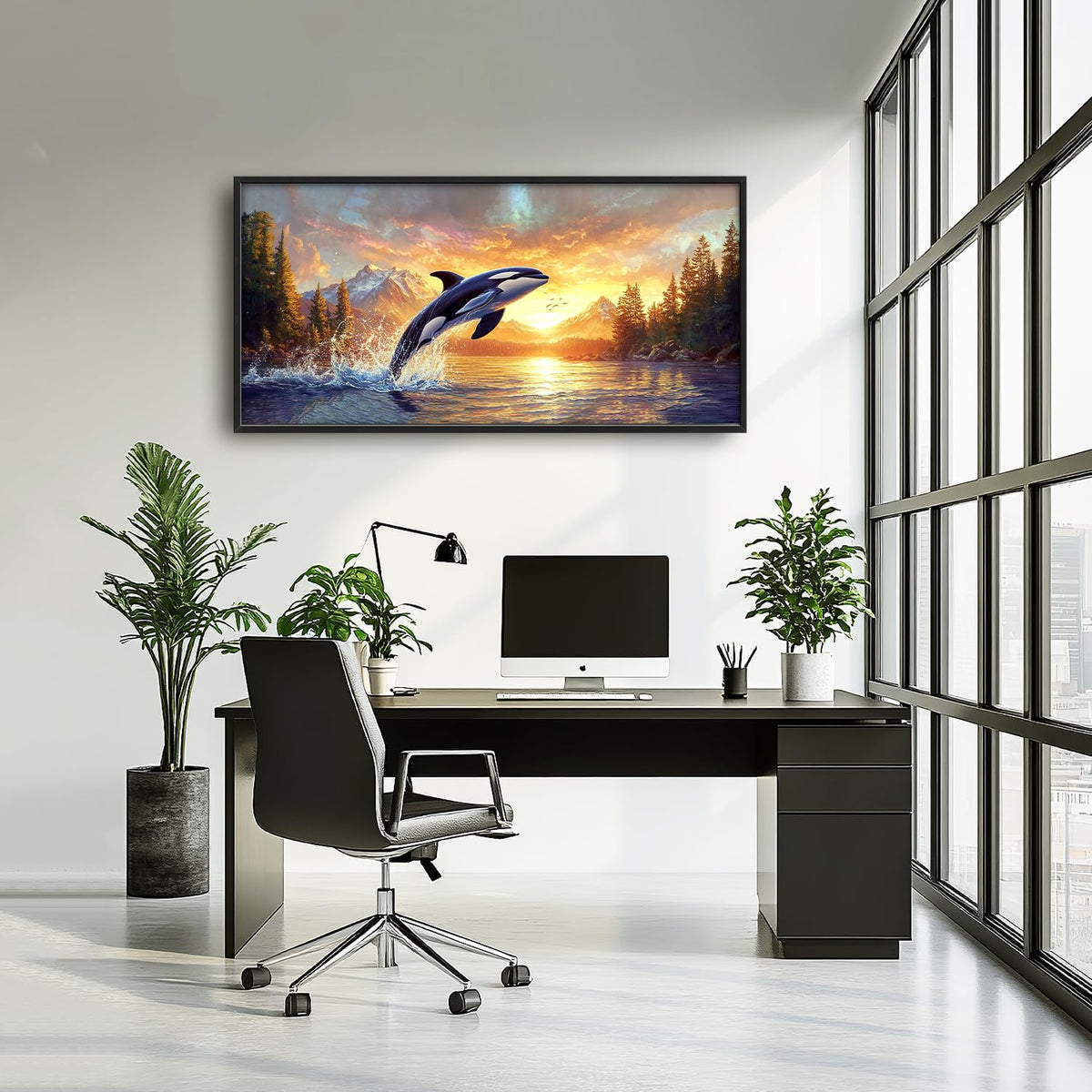 Extra Large Orca Whale Sunset Framed Wall Art for Living Room (60"L x 30"W / Orca)