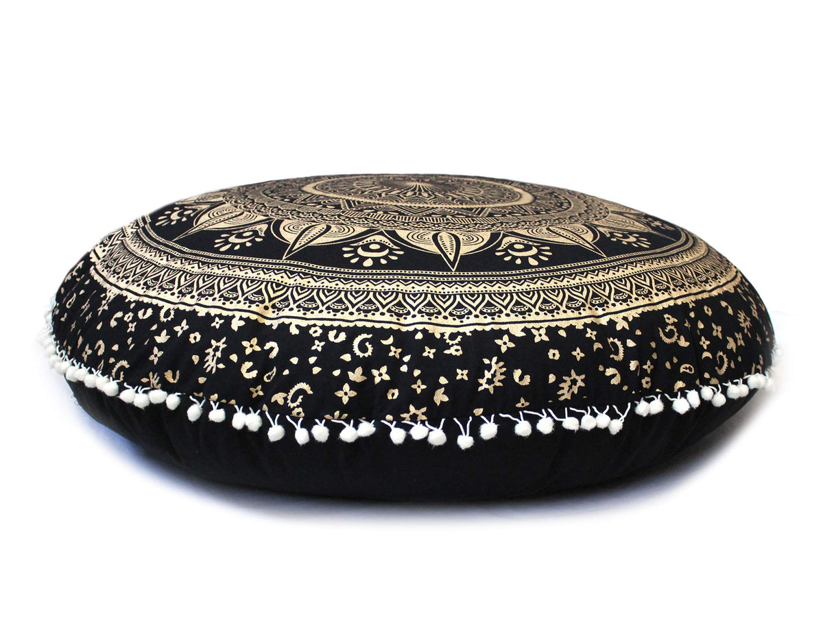 32" Bohemian Floor Pillow Cover Boho Large Round Pouf Cover Mandala Meditation Room Pillows Cover for Adults Seating Poufs Cushion Cover for Kids Playroom Black Gold Trishul (Black Gold Trishul)