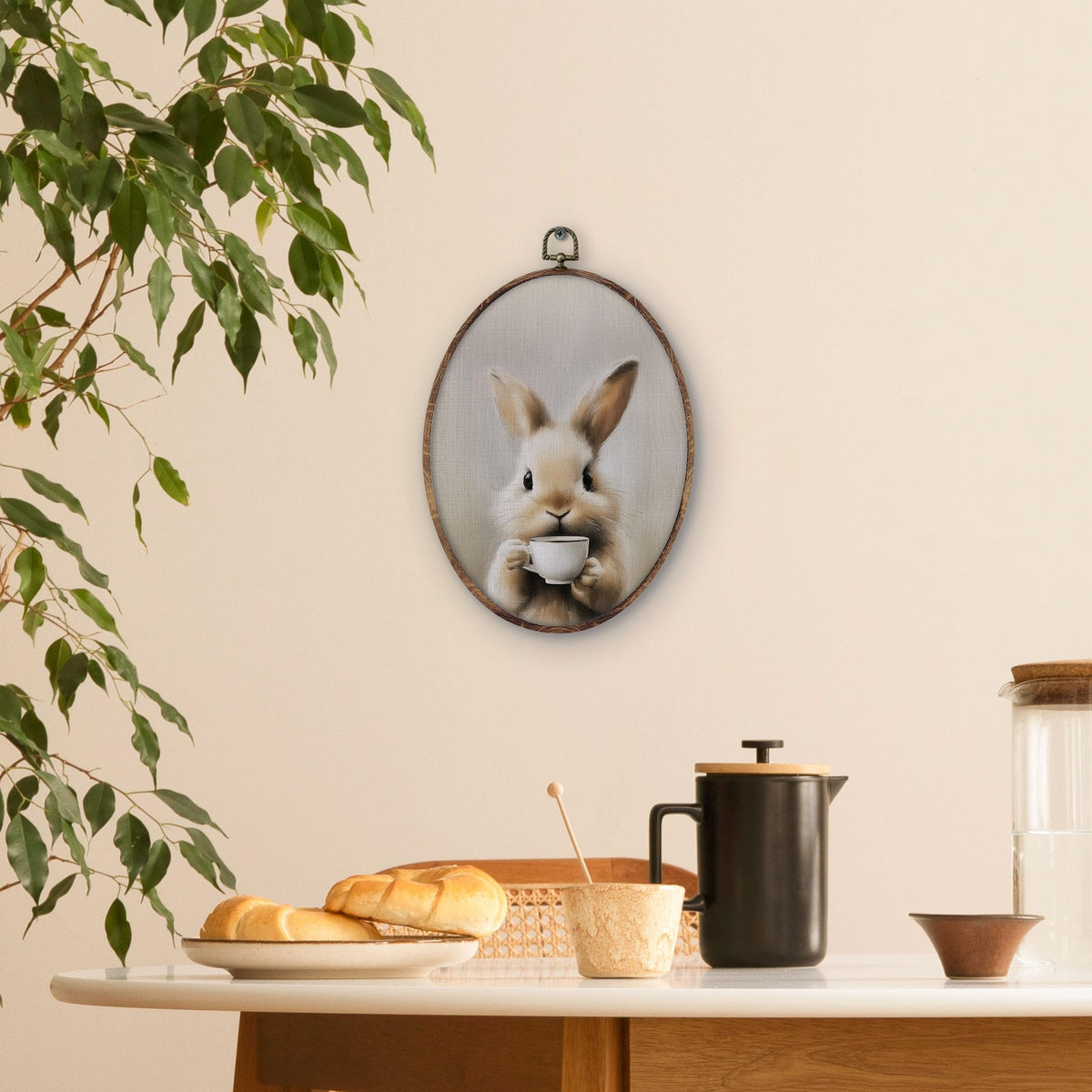 Vintage Bunny Coffee Oval Wall Art Decor (bunny)