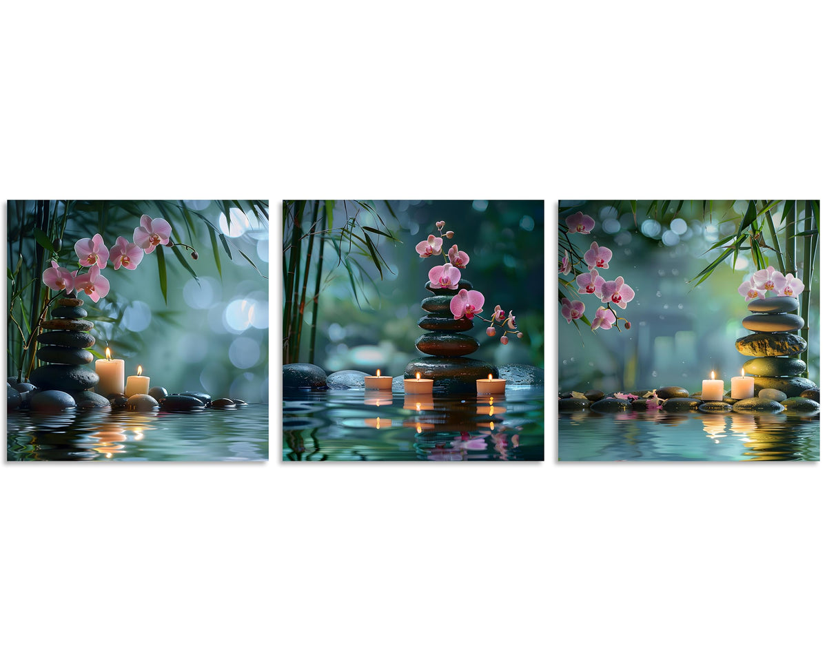 3 Panels Zen Canvas Wall Art Zen Art Green Bamboo Candle Orchid in Water Pictures Spa Artwork for Bathroom Spa Pictures for Home Decor Wall Decoration Ready to Hang Each Panel 20x20inch (20x20inchx3 / Pink Zen 4)