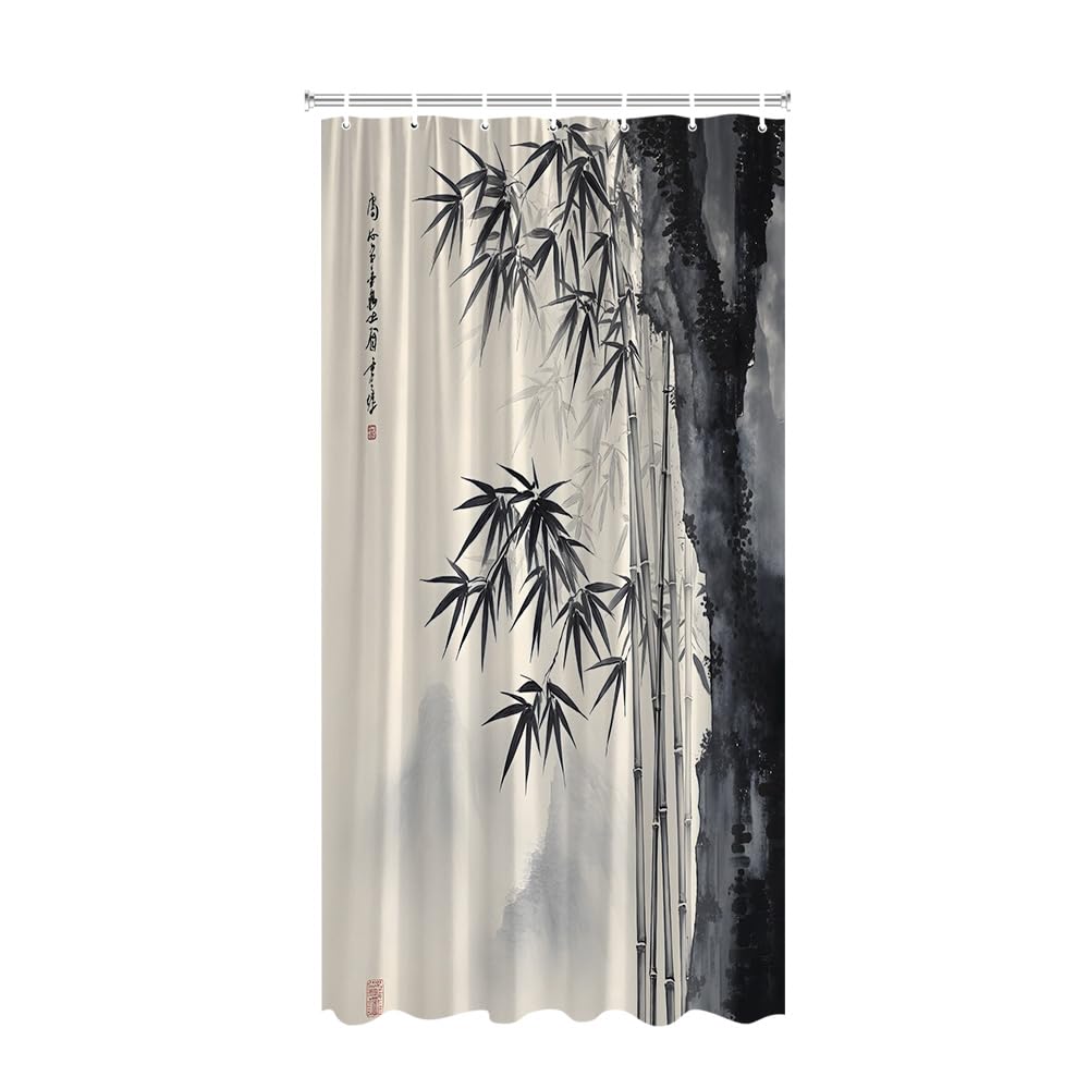 Bamboo Shower Curtain Japanese Mountain Traditional Asian Style with Black and White Ink Painting Oriental Zen Bathroom Decor Polyester Curtains with Hooks (Grey / 47"W x 63"L (Pack of 1))