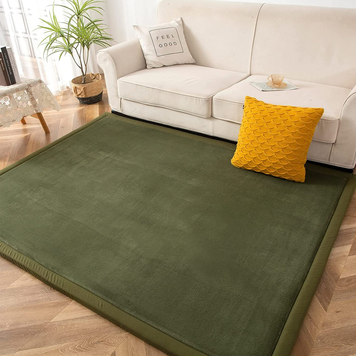 Play Mat 1.2" Thick Memory Foam Soft Padded Carpet with Non (Olive Green / 3x5 ft)