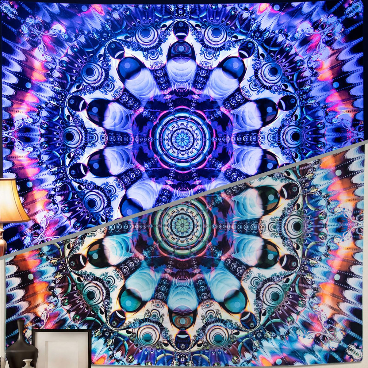 Blacklight Mandala Tapestry for Bedroom (Mandala Tapestry Blue / 59"L x 51"W)