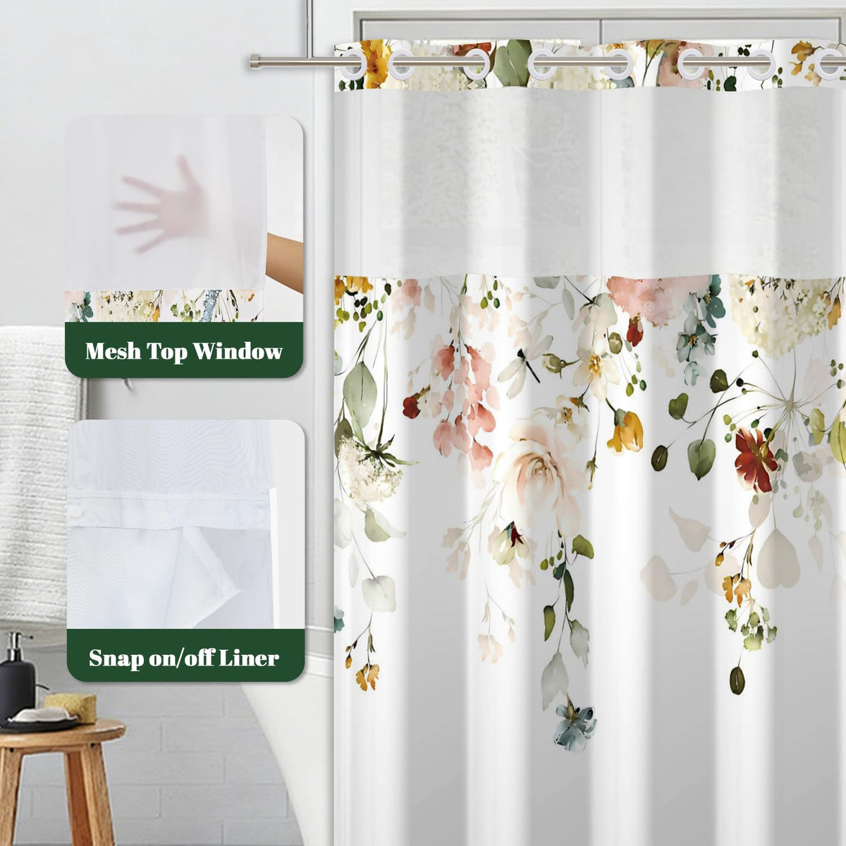 No Hook Shower Curtain with Snap in Liner (Floral-7)