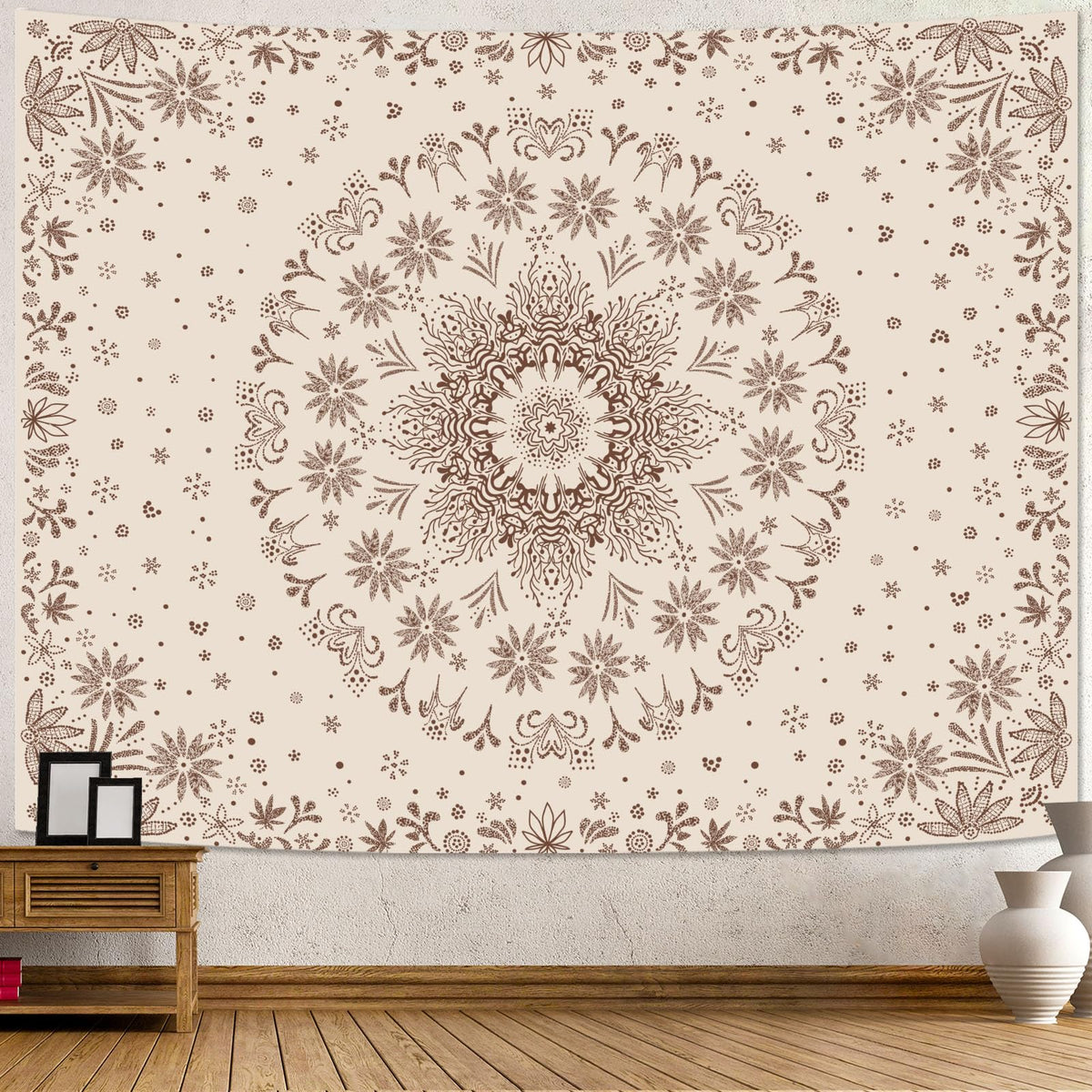 Boho Floral Mandala Tapestry Wall Hanging Bohemian Flower Medallion Tapestry Aesthetic Beige Brown Hippie Indian Small Tapestries for Bedroom Living Room Dorm Decor 60 x 44 Inch (Brown / 60"L x 44"W)