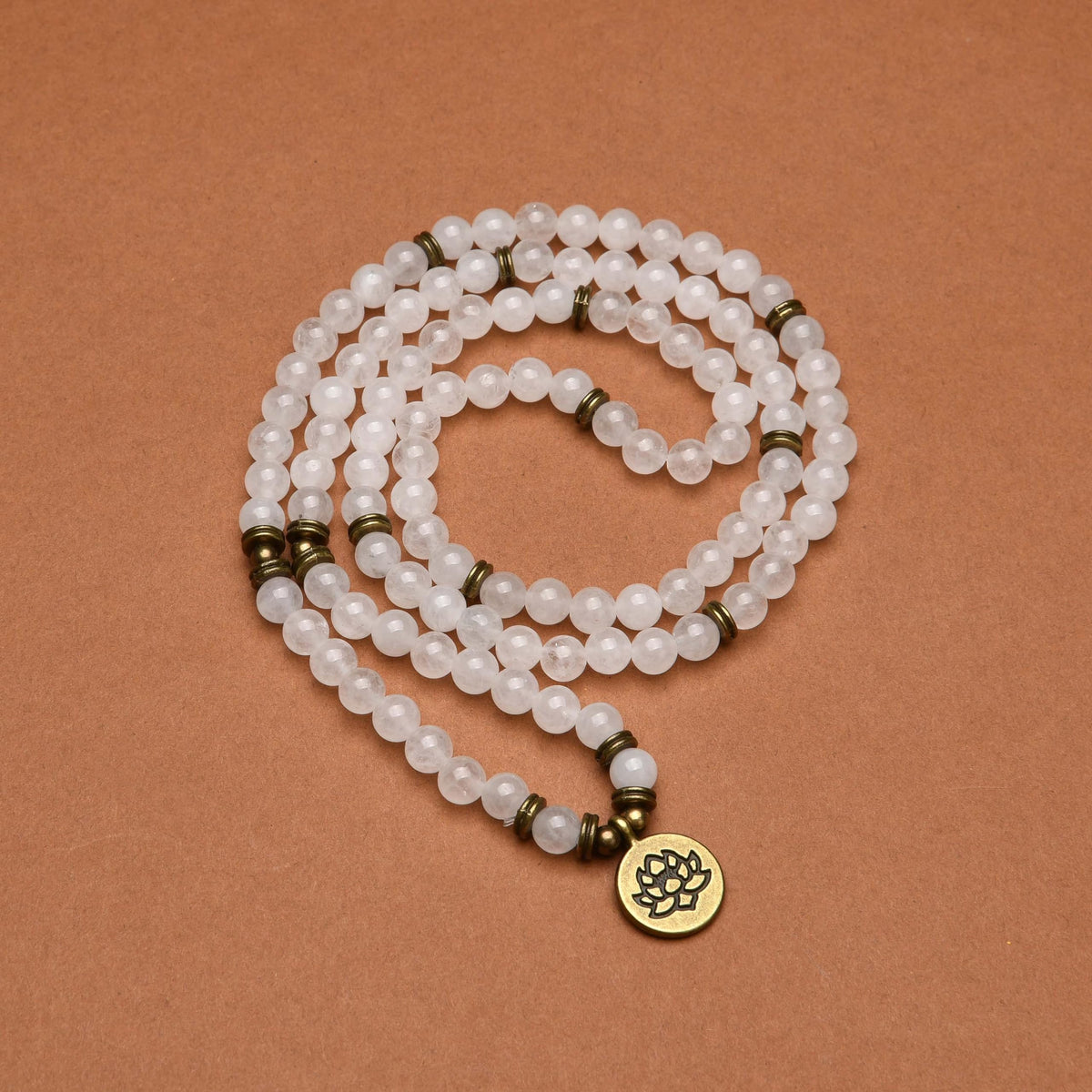 108 Healing Mala Beads Bracelet or Necklace with Gold Lotus Charm (White Jade)