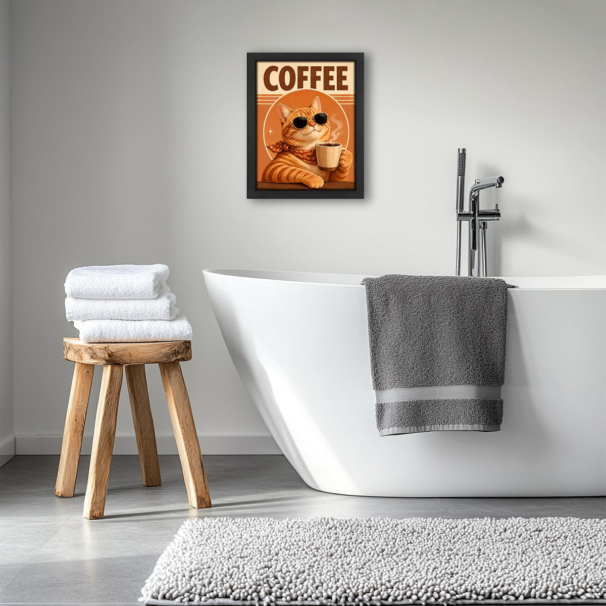 Funny Coffee Cat Decor Wall Art (Wall Art Framed 51 / 16"L x 12"W)
