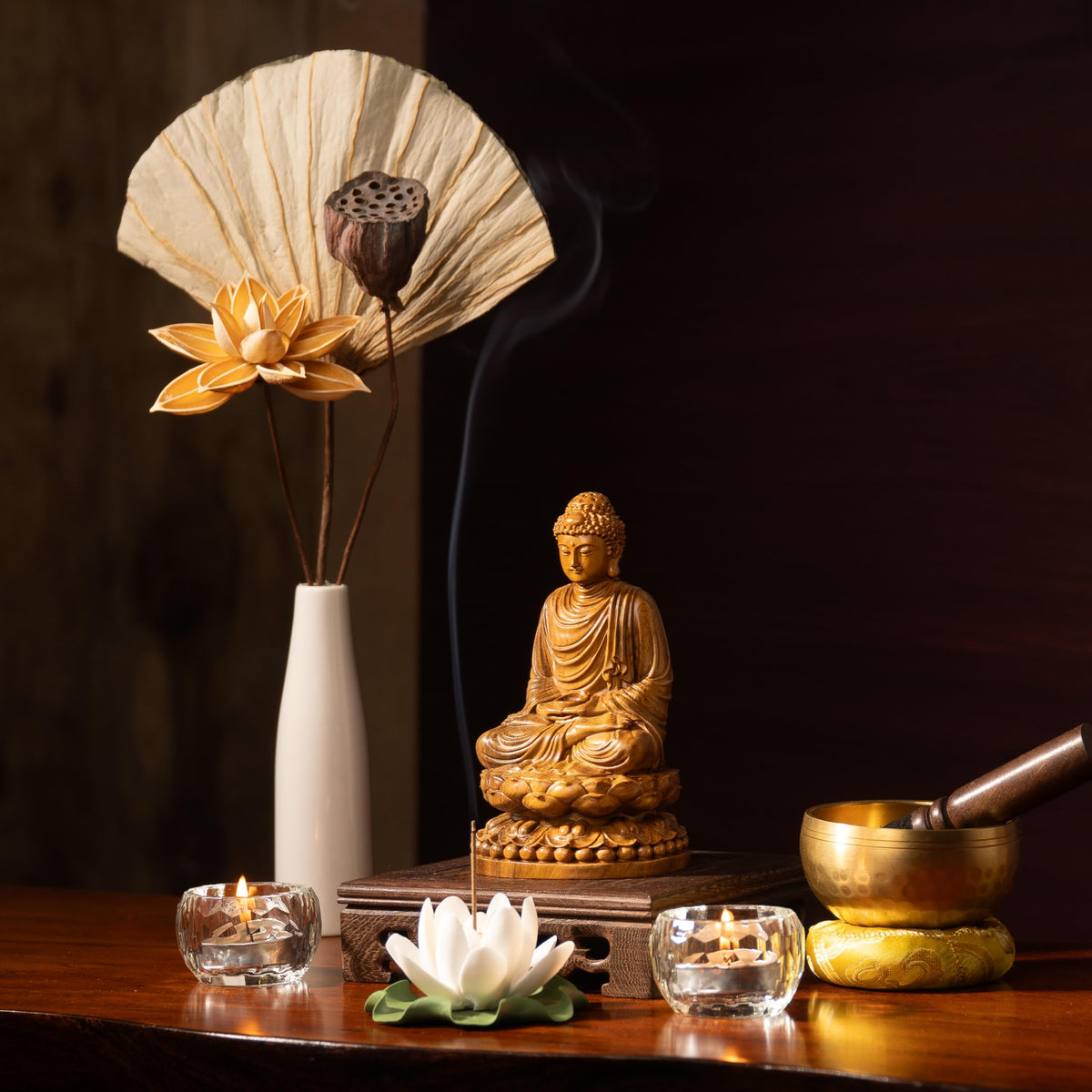 Buddha Statue Indoor with Gift Box and 108 Bead Mala (Meditating Buddha on Lotus)
