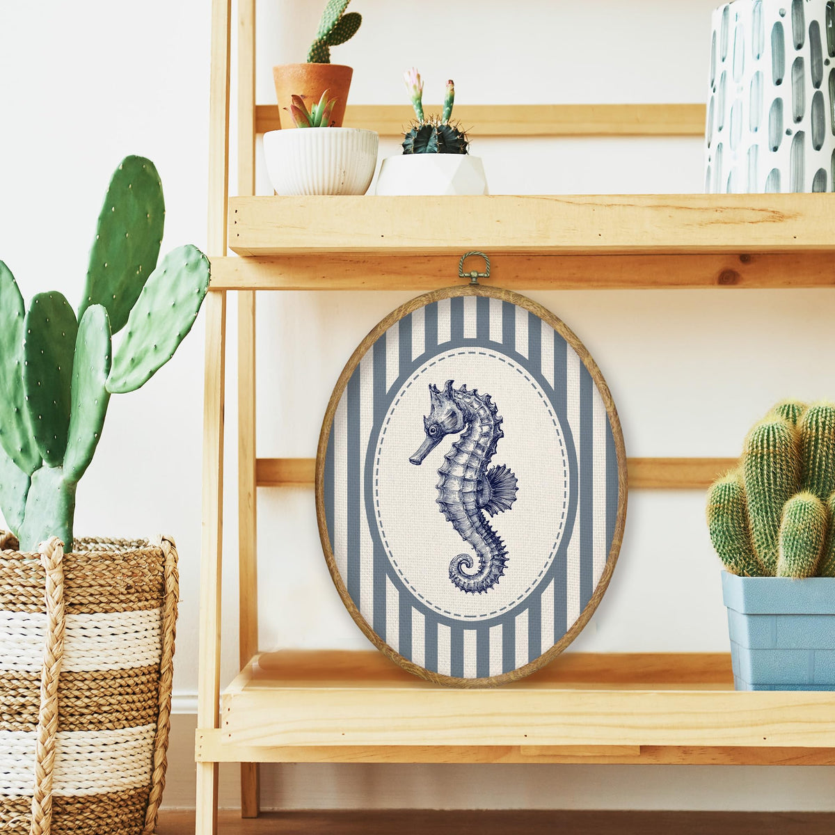 Blue Coastal Beach Seahorse Oval Wall Art Decor (Color054)